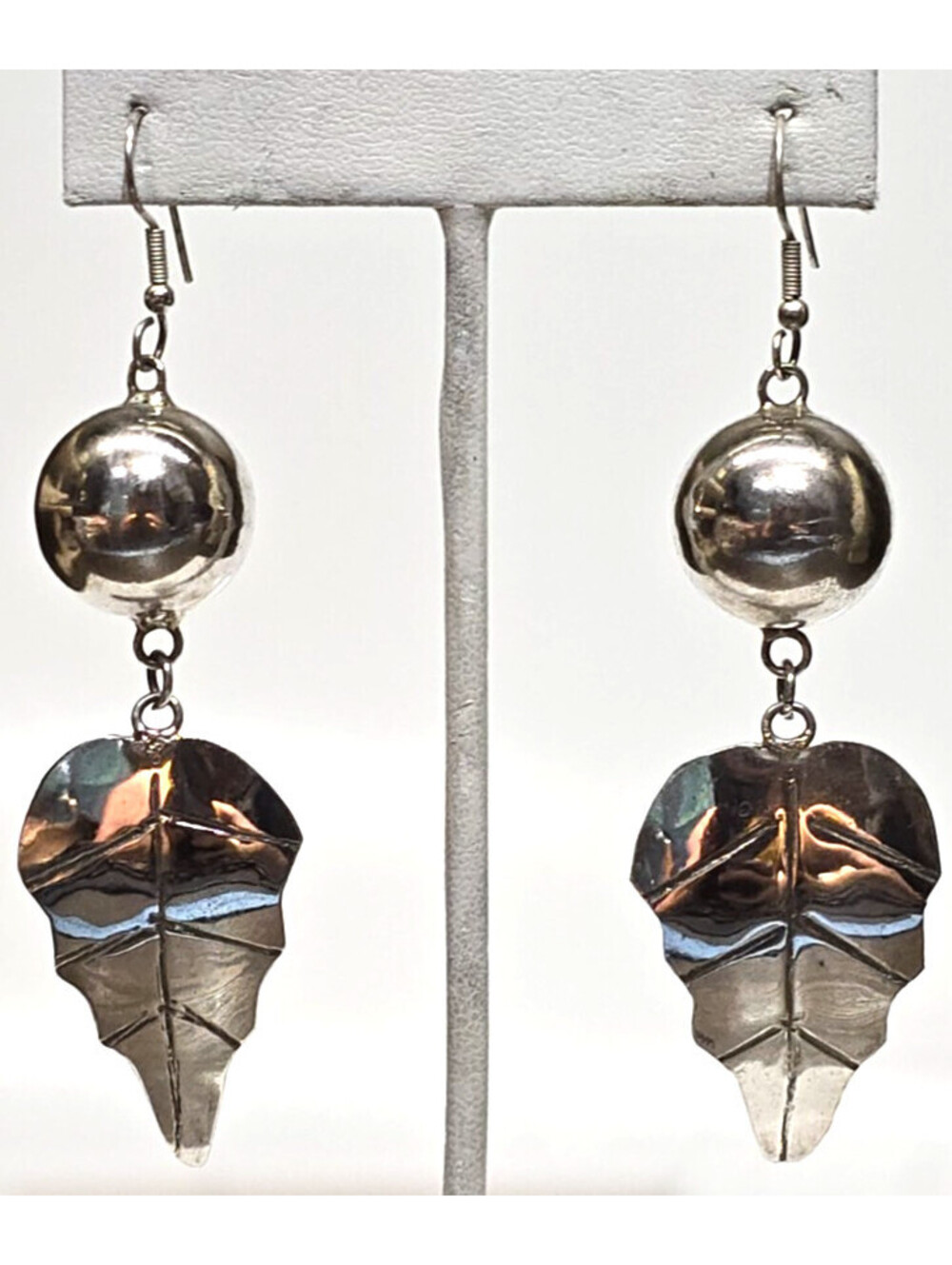 Artisan Made Long Silver Plated Dangle Earrings Ball Leaf